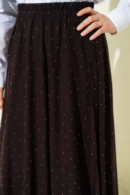 Mini Taşlı Beli Lastikli Etek Kahve - Etek