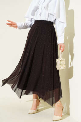 Mini Taşlı Beli Lastikli Etek Kahve - HATUN