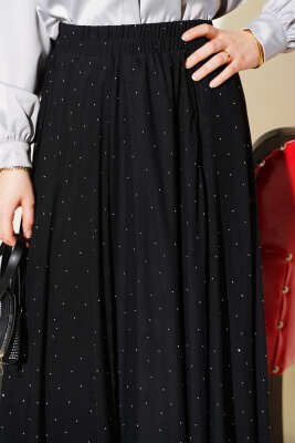 Mini Taşlı Beli Lastikli Etek Siyah - Etek