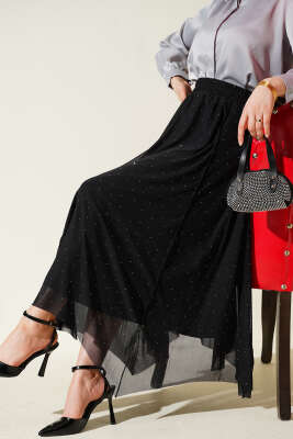 Mini Taşlı Beli Lastikli Etek Siyah - HATUN