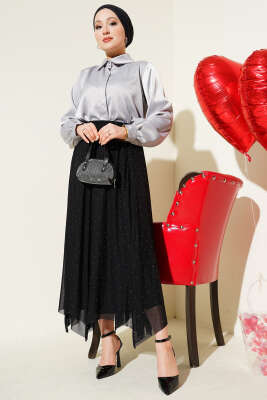 Mini Taşlı Beli Lastikli Etek Siyah - Etek