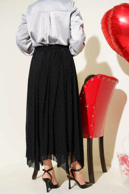 Mini Taşlı Beli Lastikli Etek Siyah - Etek