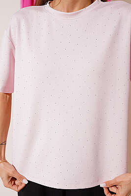 Mini Taşlı Bisiklet Yaka T-shirt Pembe - Kadın Giyim Modelleri