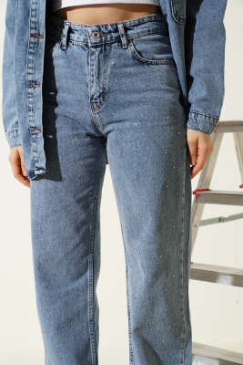 Mini Taşlı Bol Paça Kot Pantolon Mavi - Kadın Giyim Modelleri