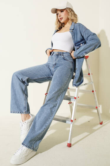 Mini Taşlı Bol Paça Kot Pantolon Mavi - Kadın Giyim Modelleri