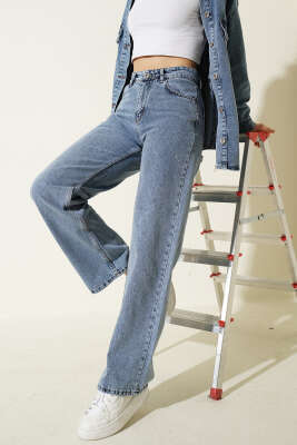 Mini Taşlı Bol Paça Kot Pantolon Mavi - Kadın Giyim Modelleri