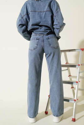 Mini Taşlı Bol Paça Kot Pantolon Mavi - Kadın Giyim Modelleri