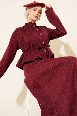 Mini Taşlı Etekli İkili Takım Bordo - TABLO FASHİON