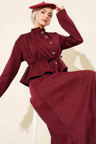 Mini Taşlı Etekli İkili Takım Bordo - İkili Takım