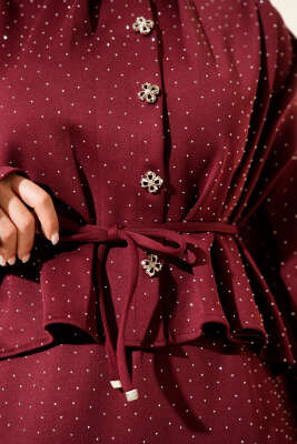 Mini Taşlı Etekli İkili Takım Bordo - İkili Takım