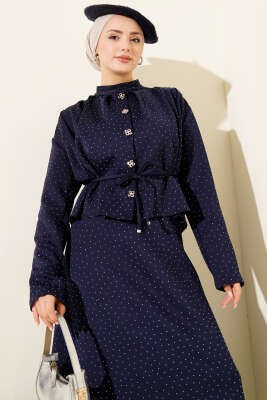 Mini Taşlı Etekli İkili Takım Lacivert - İkili Takım