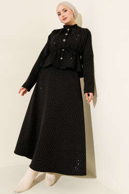 Mini Taşlı Etekli İkili Takım Siyah - TABLO FASHİON