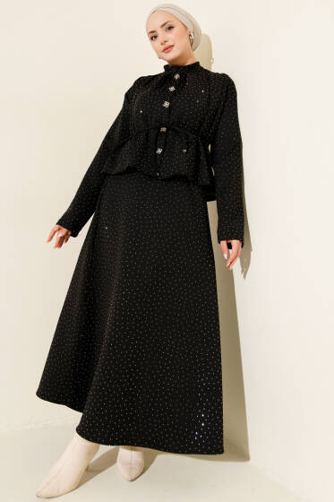 Mini Taşlı Etekli İkili Takım Siyah - İkili Takım