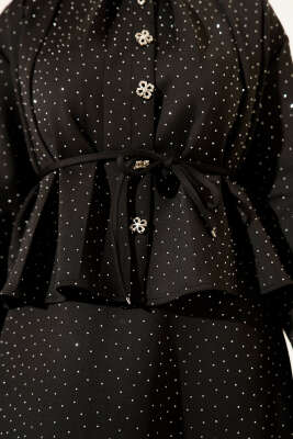 Mini Taşlı Etekli İkili Takım Siyah - İkili Takım