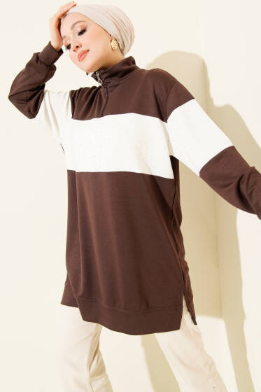 Mini Taşlı Fermuarlı Tunik Acı Kahve - Tunik