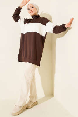 Mini Taşlı Fermuarlı Tunik Acı Kahve - Tunik