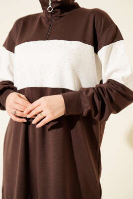 Mini Taşlı Fermuarlı Tunik Acı Kahve - Tunik