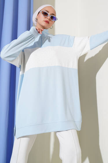 Mini Taşlı Fermuarlı Tunik Buz Mavisi - Tunik