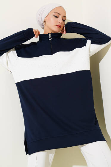 Mini Taşlı Fermuarlı Tunik Lacivert - Tunik