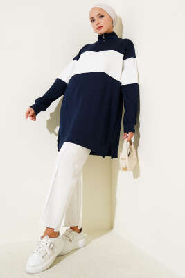 Mini Taşlı Fermuarlı Tunik Lacivert - Tunik