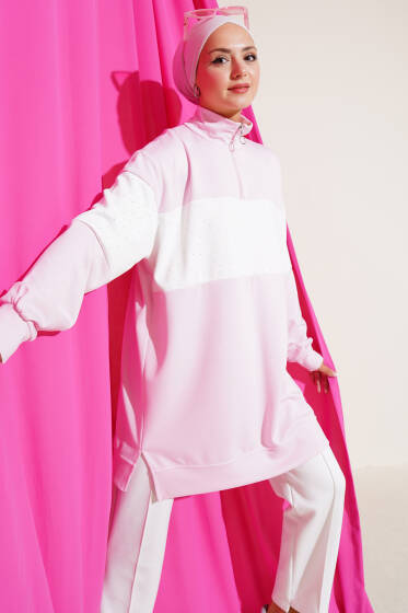 Mini Taşlı Fermuarlı Tunik Pembe - Tunik