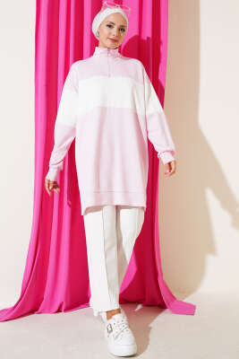 Mini Taşlı Fermuarlı Tunik Pembe - Tunik