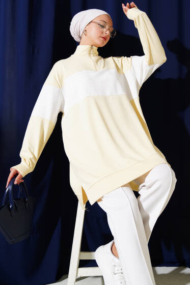 Mini Taşlı Fermuarlı Tunik Sarı - Tunik