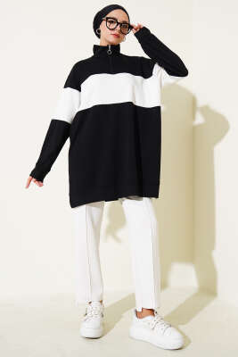 Mini Taşlı Fermuarlı Tunik Siyah - Tunik