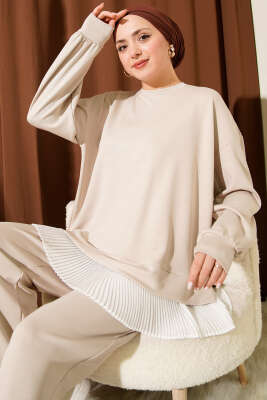 Mini Taşlı Fırfırlı Tunik İkili Takım Bej - İkili Takım