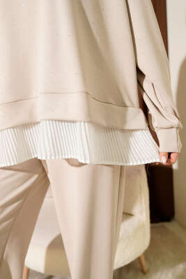 Mini Taşlı Fırfırlı Tunik İkili Takım Bej - İkili Takım