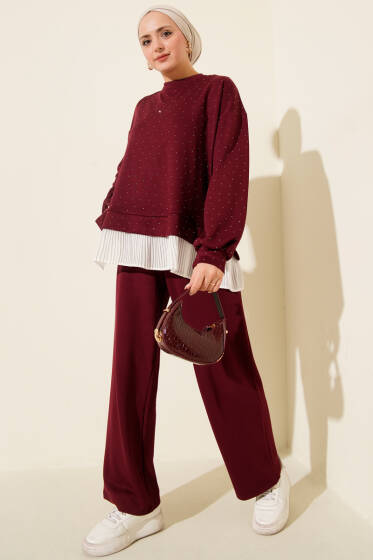 Mini Taşlı Fırfırlı Tunik İkili Takım Bordo - İkili Takım