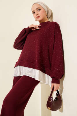 Mini Taşlı Fırfırlı Tunik İkili Takım Bordo - İkili Takım
