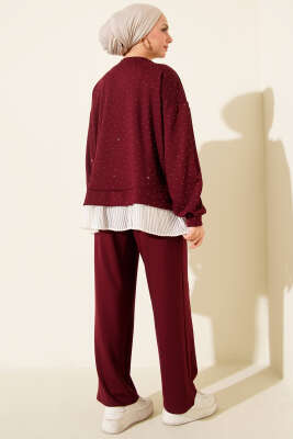 Mini Taşlı Fırfırlı Tunik İkili Takım Bordo - İkili Takım