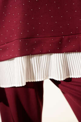 Mini Taşlı Fırfırlı Tunik İkili Takım Bordo - İkili Takım