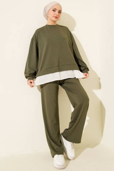 Mini Taşlı Fırfırlı Tunik İkili Takım Haki - İkili Takım