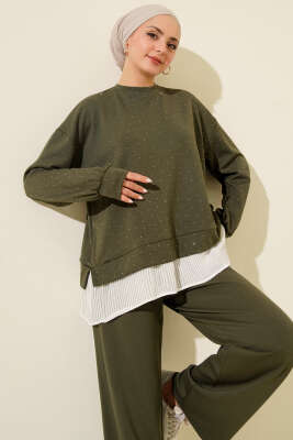 Mini Taşlı Fırfırlı Tunik İkili Takım Haki - İkili Takım