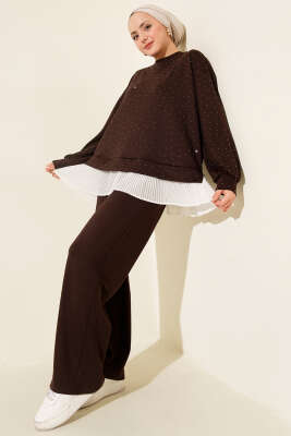 Mini Taşlı Fırfırlı Tunik İkili Takım Kahve - VAV TEKSTİL