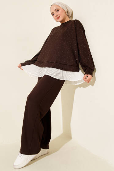 Mini Taşlı Fırfırlı Tunik İkili Takım Kahve - İkili Takım