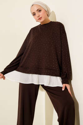 Mini Taşlı Fırfırlı Tunik İkili Takım Kahve - İkili Takım