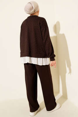 Mini Taşlı Fırfırlı Tunik İkili Takım Kahve - İkili Takım