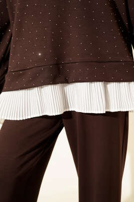 Mini Taşlı Fırfırlı Tunik İkili Takım Kahve - İkili Takım