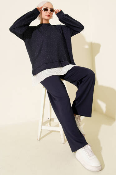 Mini Taşlı Fırfırlı Tunik İkili Takım Lacivert - İkili Takım