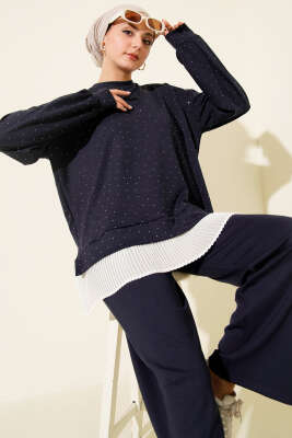 Mini Taşlı Fırfırlı Tunik İkili Takım Lacivert - İkili Takım