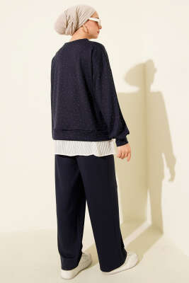 Mini Taşlı Fırfırlı Tunik İkili Takım Lacivert - İkili Takım