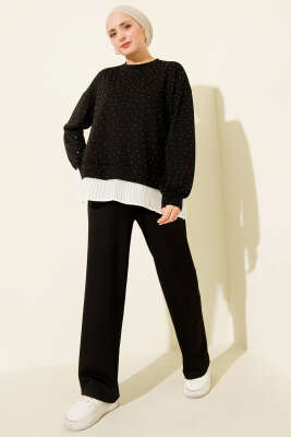 Mini Taşlı Fırfırlı Tunik İkili Takım Siyah - VAV TEKSTİL