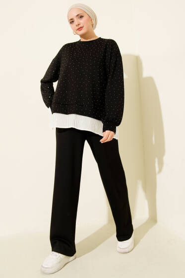 Mini Taşlı Fırfırlı Tunik İkili Takım Siyah - İkili Takım