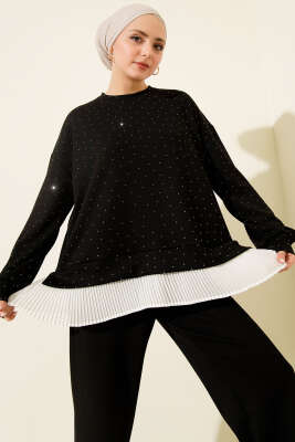 Mini Taşlı Fırfırlı Tunik İkili Takım Siyah - İkili Takım