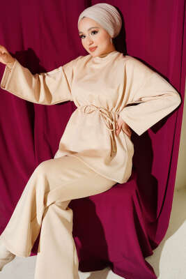 Mini Taşlı İp Kuşaklı Scuba İkili Takım Bej - İkili Takım