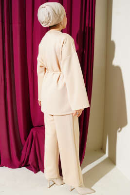 Mini Taşlı İp Kuşaklı Scuba İkili Takım Bej - İkili Takım