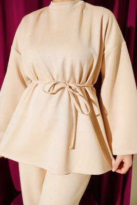 Mini Taşlı İp Kuşaklı Scuba İkili Takım Bej - İkili Takım